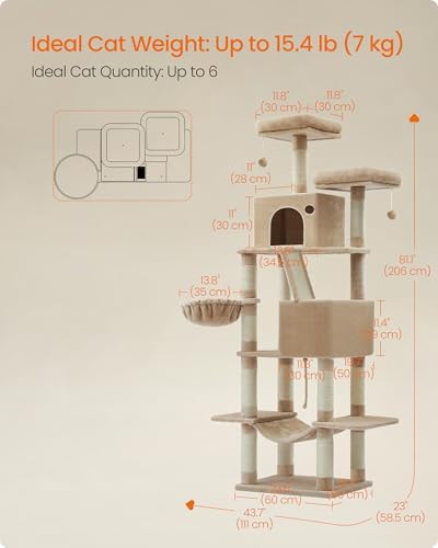 Feandrea Cat Tree, 81.1-in Large Cat Tower, Multi-Level Condo, Camel Brown
