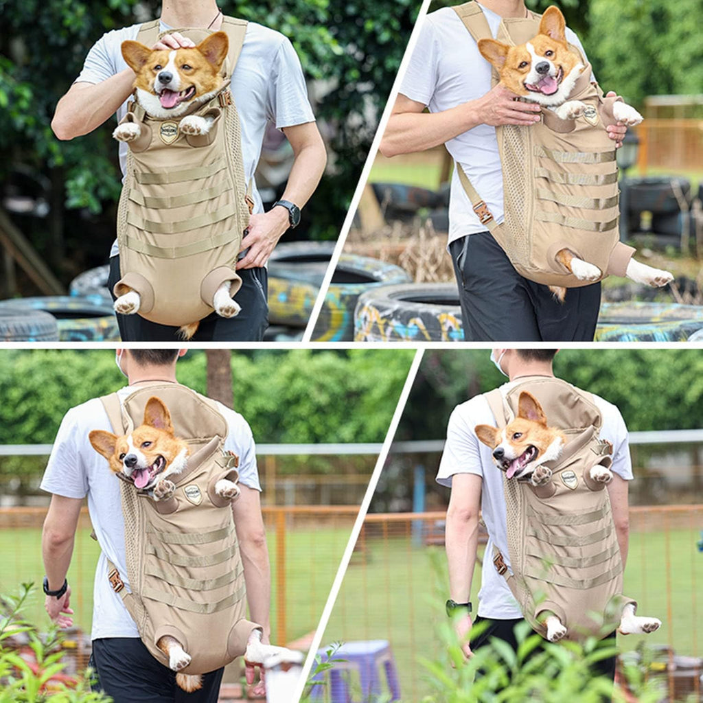 FLAdorepet Dog Carrier Tactical Backpack for Medium Large Dogs,Soft Hands-Free Legs Out Pet Front Cat Dog Carrier Backpack Travel Bag for Outdoor Traveling Hiking Camping (Medium, Khaki)